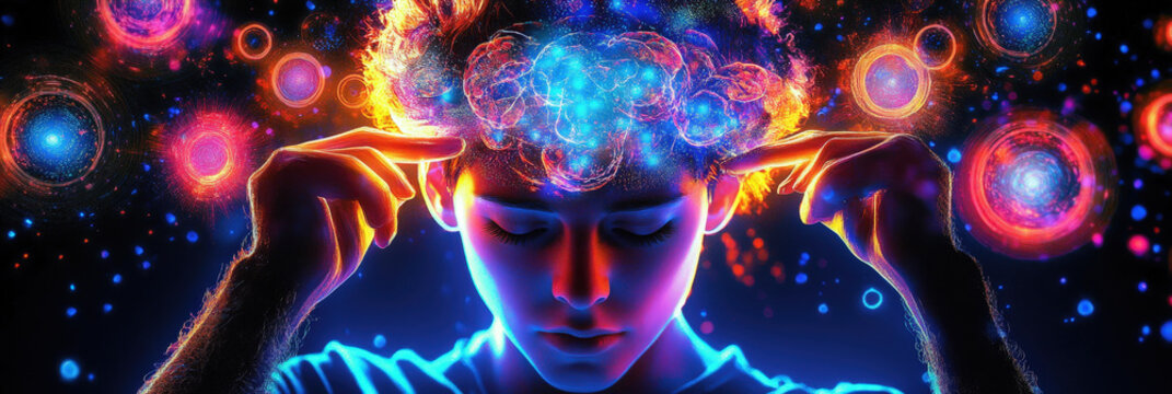 Eine Person mit leuchtenden holografischen Gedankenblasen um den Kopf, die digitale Gedanken und k&uuml;nstliche Intelligenz mit menschlicher Intuition vereinen, in einem futuristischen Szenario