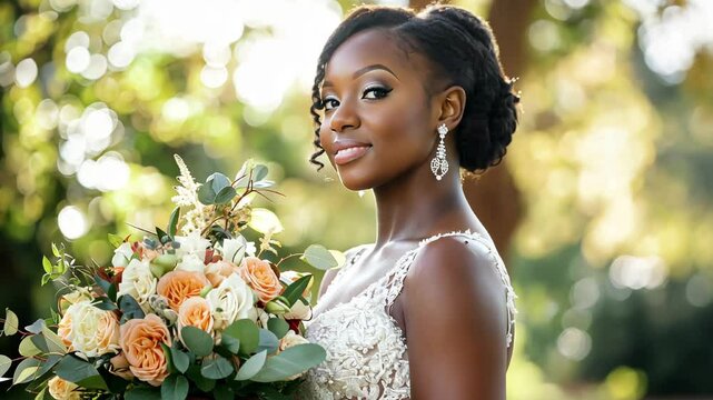 Elegant black bride posing with wedding bouquet