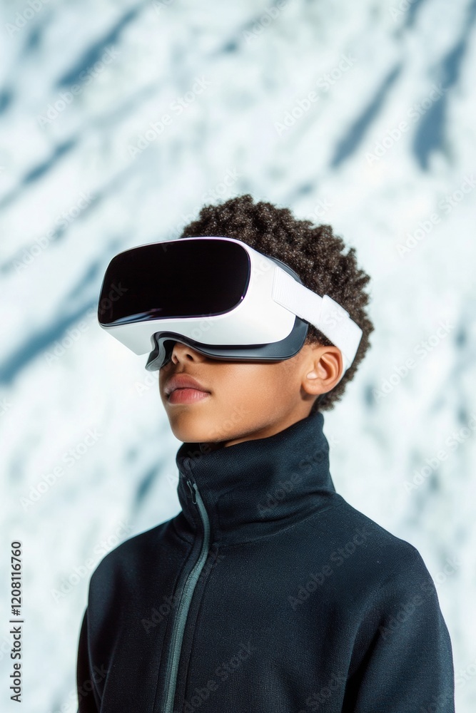 Poster immersive virtual reality experience youthful tech enthusiast with advanced vr headset in minimalist
