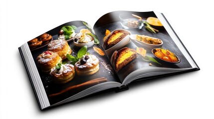 An open book featuring colorful photos of Thai desserts and appetizers, placed against a white background.