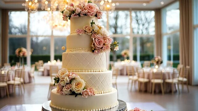 Tall modern wedding cake with roses on blurred reception