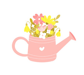 Cute watering can with flowers vector isolated on white background. Hand drawn flat cartoon style. Spring season and Happy Mother's day concept. Beautiful flower bouquet
