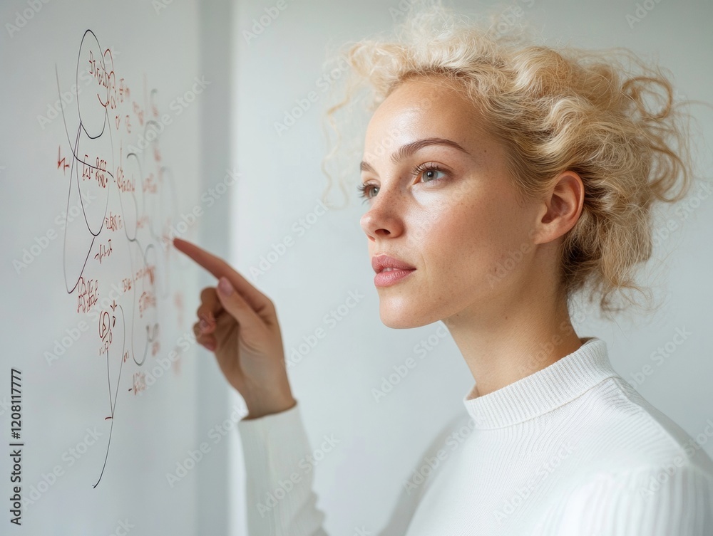 Poster scandinavian-inspired whiteboard session modern businesswoman illustrates strategy with minimalist d
