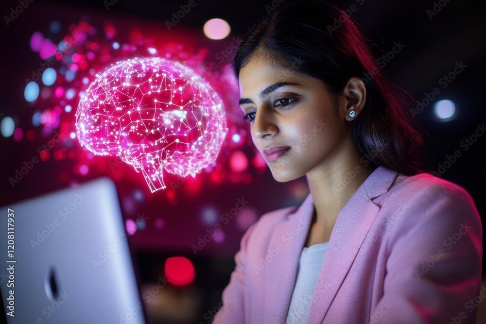 Poster futuristic ai interface south asian woman engaging with neon brain hologram on laptop - digital inno