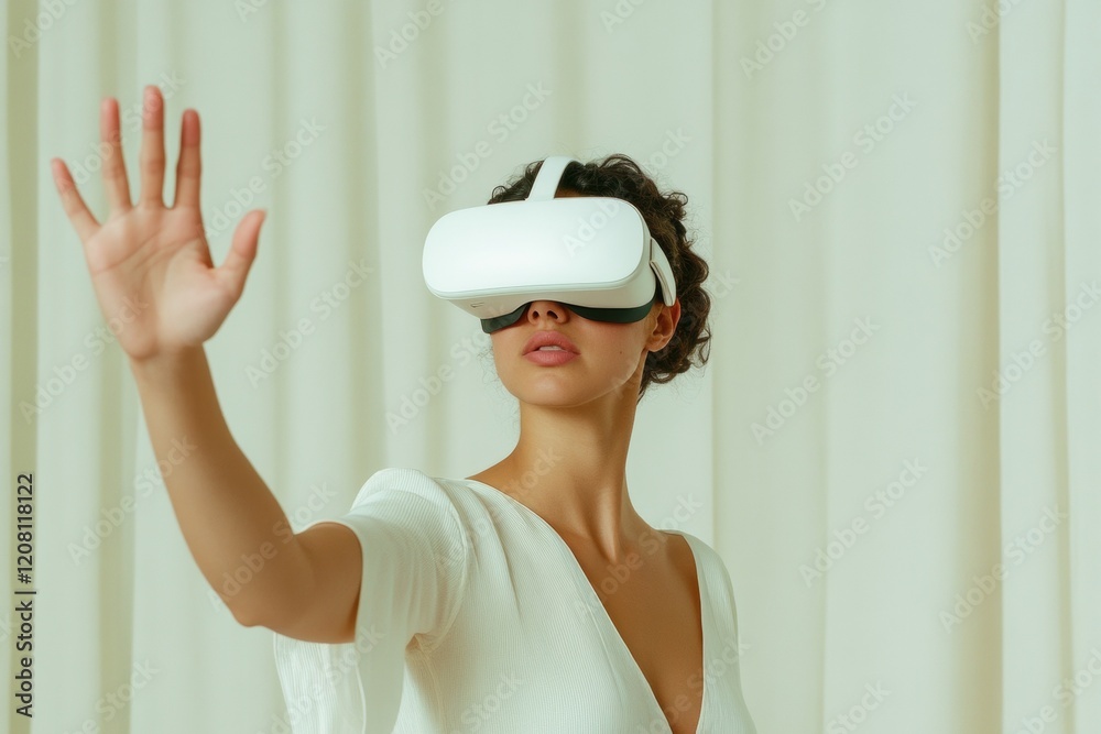 Poster immersive vr experience minimalist white virtual reality headset on diverse young woman - cutting-ed