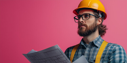 Construction professional reviewing blueprints office environment portrait photography focused atmosphere creative concept