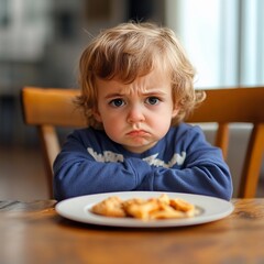 Young child displays disappointment while sitting at a dining table with uneaten food in front of him