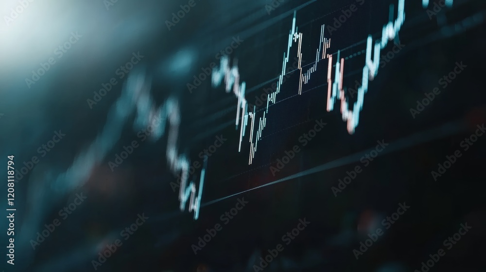 Poster electronic stock market chart showing growing trends in investment and finance with shallow depth of