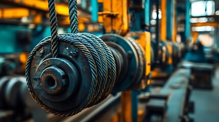 Obraz premium Close-up of industrial machinery with wire rope.