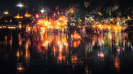 Naklejka premium A city at night with fireworks in the background