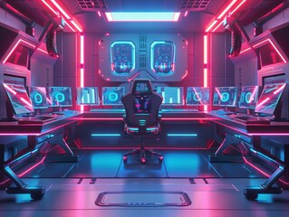 A modern office with a research lab featuring innovative tech, vibrant lighting, and sleek design