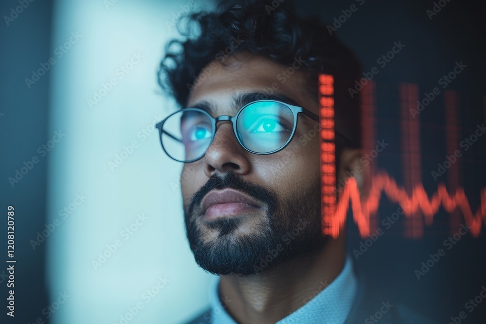 Poster Futuristic Financial Analytics Modern Digital Screen Reflection in Glasses of Young Professional Man - Innovative Business Insights and Tech-Driven Decision Making