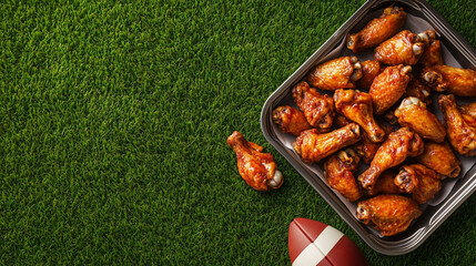 tray of chicken wings over football field grass background, superbowl concept