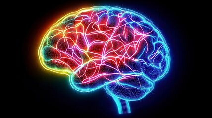 Neon brain creative neural on black background. A vibrant, neon representation of a human brain, showcasing intricate neural pathways in bright colors against a dark background.