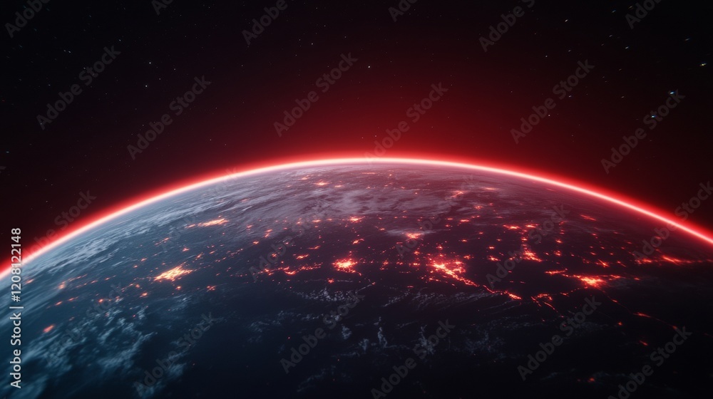 Poster cosmic horizon digital red glow of earth from space - modern marketing visuals and tech innovation f