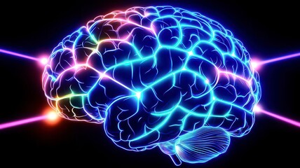 Obraz premium Neon brain creative neural on black background. A vibrant, glowing depiction of a brain with neon colors, representing neural networks and cognitive processes.