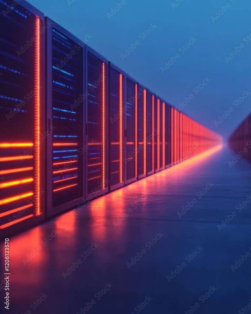 Aufkleber futuristic neon data center glowing blue and red servers in high-tech corridor - cutting-edge digita