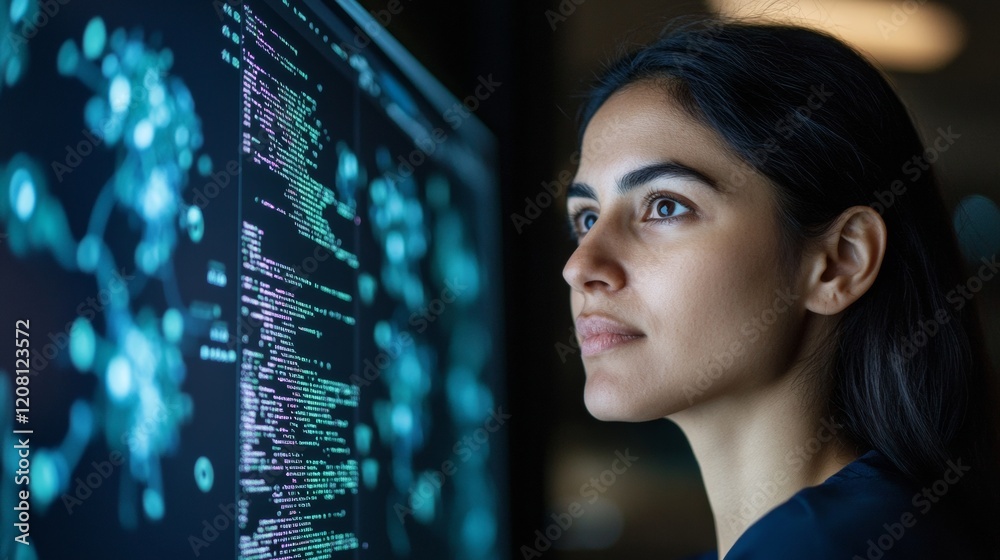 Poster Sleek Tech Workspace Young Indian Female Developer Navigates Complex Code on Large Screen Enhancing Digital Innovation and Modern IT Office Efficiency