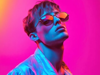 Fototapeta premium A futuristic fashion portrait of beautiful male model with bright, saturated colors, arranged on a vibrant gradient background