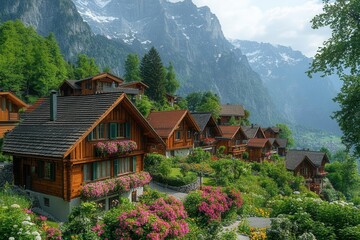 Fototapeta premium charming alpine village nestled among majestic mountains featuring traditional wooden chalets adorned with blooming flowers bathed in golden sunlight under a clear summer sky