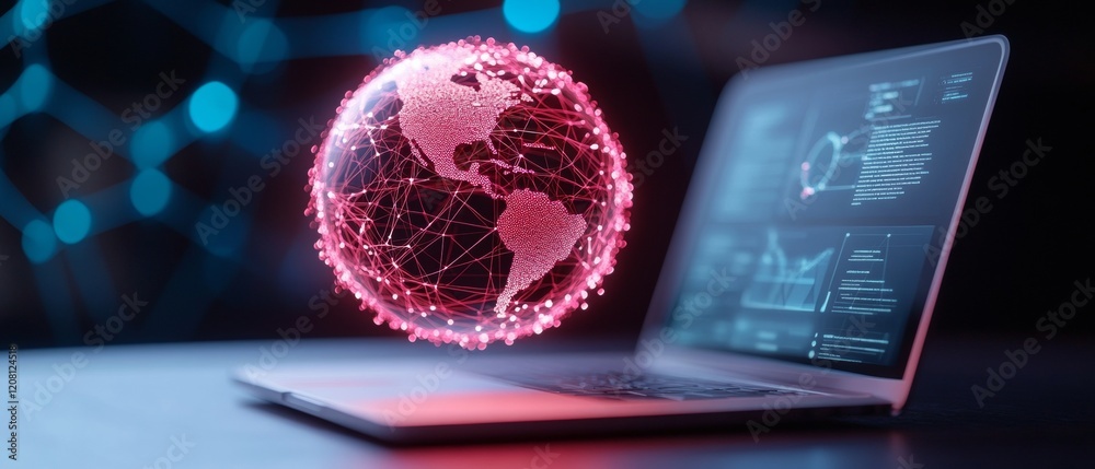 Poster Futuristic Cybersecurity Display Holographic Globe and Digital Connections on Sleek Workspace - Advanced Tech Integration and Enhanced Data Protection for Modern Business Solutions