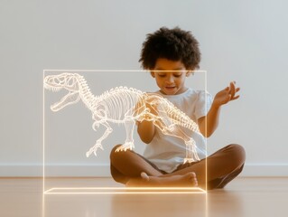 Interactive AR Learning Experience Slim African American Child Engaged with AR Dinosaur on Tablet - Modern Educational Tool for Innovative Classroom Learning