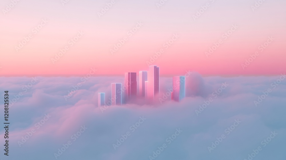 Aufkleber neon glowing skyscrapers emerging from clouds advanced architecture in futuristic cityscapes for gre