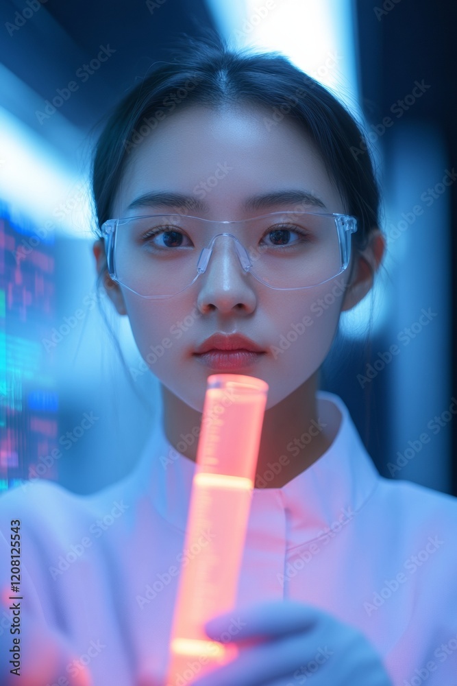 Poster futuristic smart lab asian female scientist with glowing test tube - innovation, engineering advance