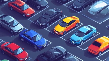 Used car dealership parking lot with a mix of well-maintained vehicles, bustling urban environment