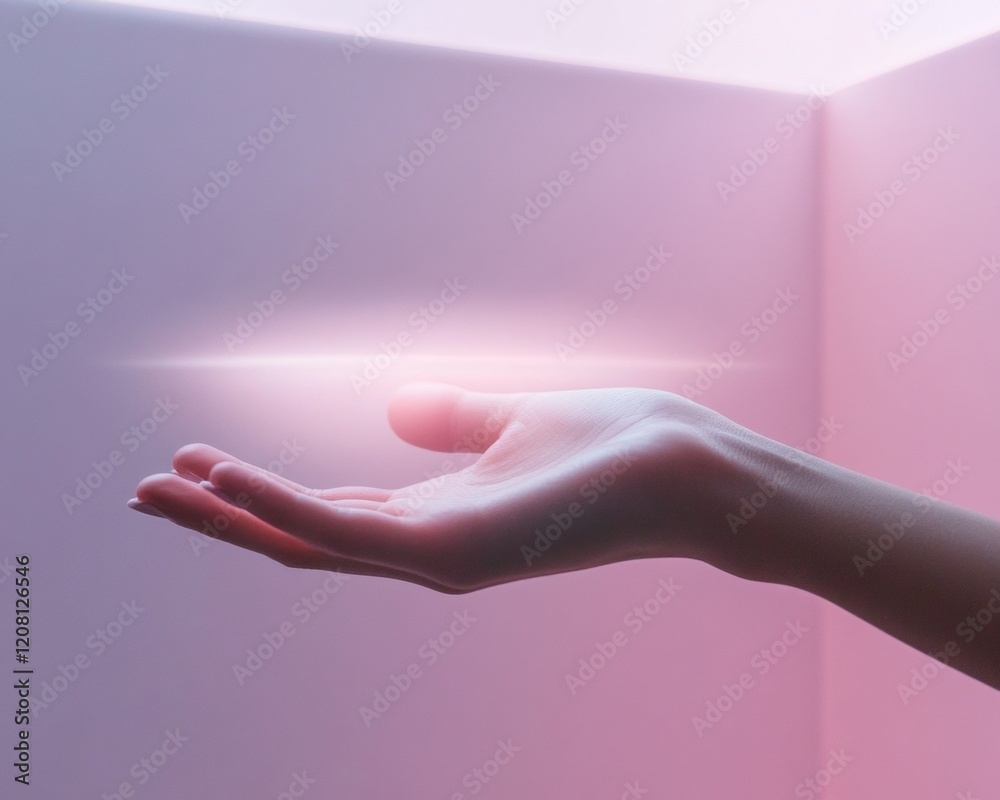 Poster Futuristic Holographic Interface Hovering Over Hand Sleek Digital Display with Pink Illumination for Business Innovation and Data Analytics in Tech Industry