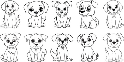 Obraz premium Bundle Line Art of Small Dog Pet Sitting Pose, Dog Black and White Illustration, Puppy Hand Drawn Clipart