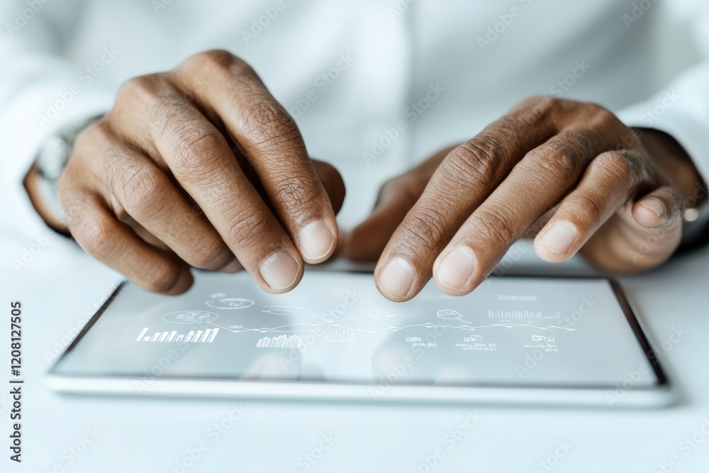 Aufkleber Futuristic Business E-Learning Hands on Tablet Displaying Teamwork Infographic Modern Workspace for Efficient Corporate Training and Digital Collaboration
