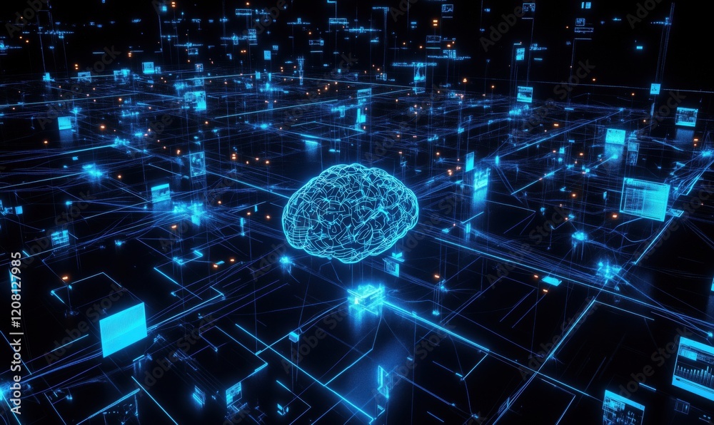 Poster neural network visualization in digital space with glowing brain and data connections