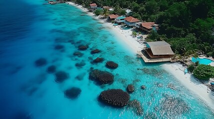 Obraz premium Tropical Island Resort Overlooking Vibrant Coral Reefs