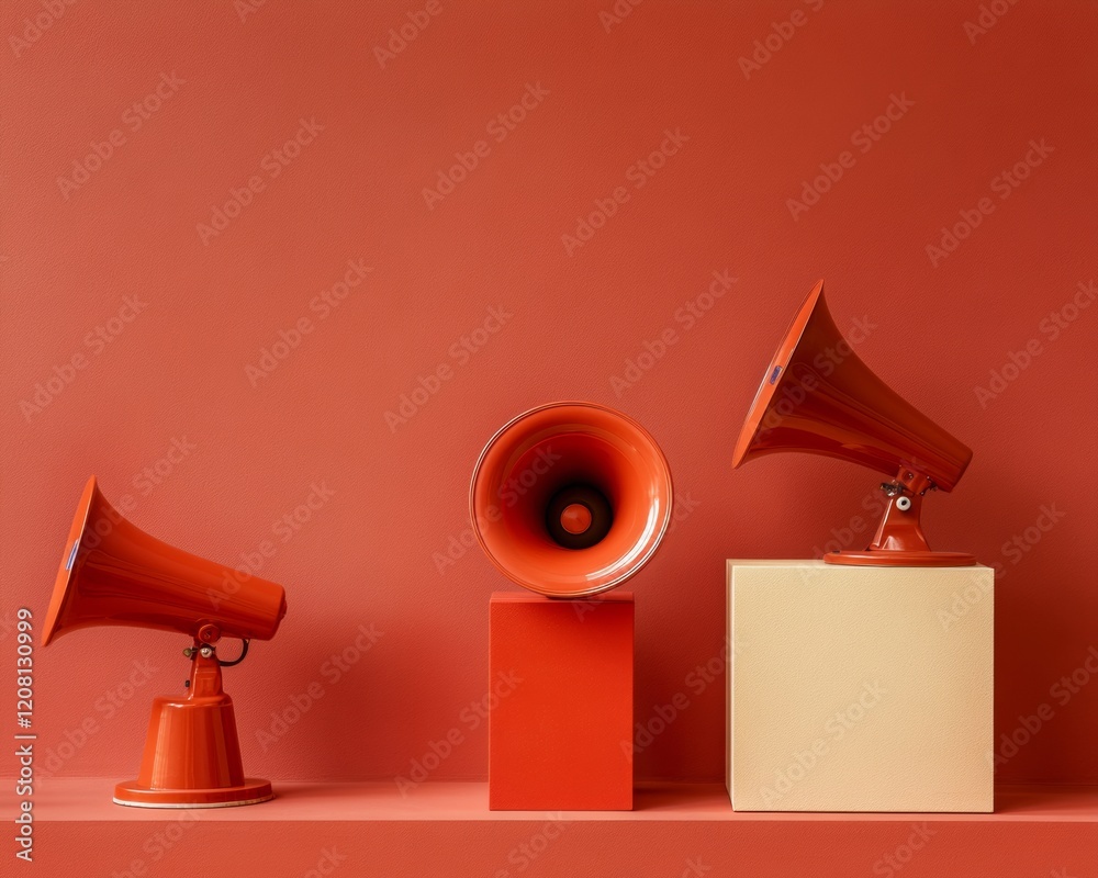 Poster retro-inspired emergency broadcast setup vibrant orange megaphones on textured blocks for public saf
