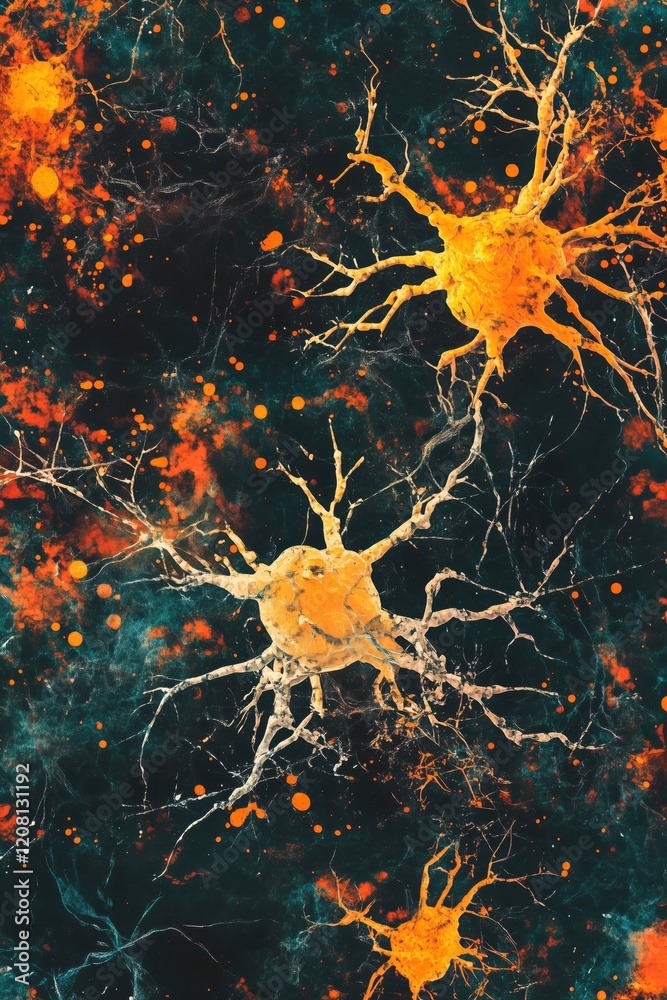 Poster neurons with dendrites and axons in vibrant colors, abstract representation of neural activity and b