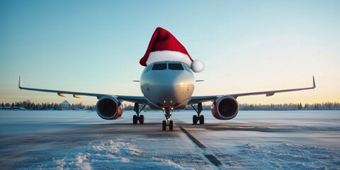 Airplane with Santa Hat on Snowy Runway during Winter Sunset