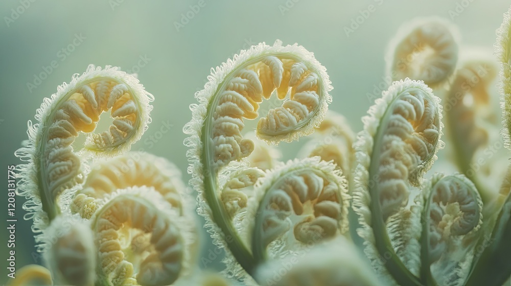 Poster mesmerizing close-up of ferns unfurling in synchronized curls their delicate structures highlighted 