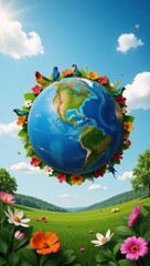 A captivating representation of global harmony sustainability and biodiversity featuring vibrant flora birds and an eco-friendly aesthetic