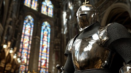 medieval knight in ceremonial armor stands before vast cathedral his polished breastplate reflecting stained glass
