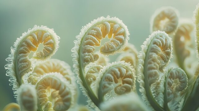 mesmerizing close-up of ferns unfurling in synchronized curls their delicate structures highlighted by soft morning