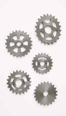 Metallic gear showcase with close-up views of intricate designs against a clean minimalist white backdrop Mechanical Artwork