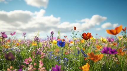 Lush Wildflower Field Under Blue Sky with Fluffy White Clouds