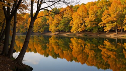 A golden autumn scene showcases majestic trees reflected in peaceful water