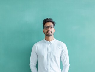 Obraz premium Contemporary Professional Portrait Modern Minimalist Aesthetic on Green Backdrop - Versatile Branding and Corporate Identity in Male-Focused Creative Industries
