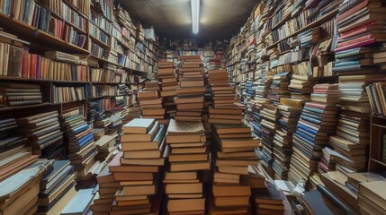 Obraz premium Abundant Stacks of Books in a Cozy and Chaotic Library Space