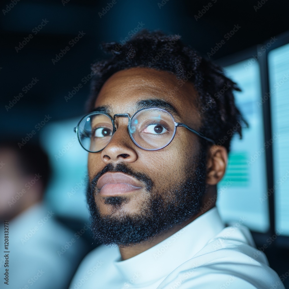 Poster Tech-Savvy Workspace Young Professional with Smart Glasses in Digital Command Center - Modern Business Innovation and AI Analytics for Enhanced Productivity
