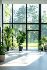peaceful interior space with large floor-to-ceiling filled with natural light and indoor plants clean modern design