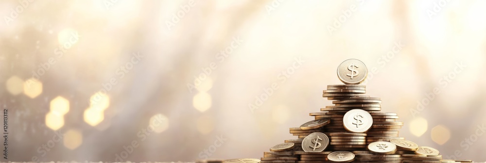 Poster Stack of shiny gold coins symbolizing increasing wealth and successful investment strategies in a bright, optimistic setting
