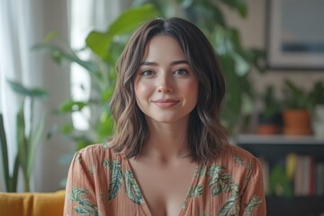 portrait of lifestyle vlogger streaming live q&a session cozy home setting plants and books in background authentic